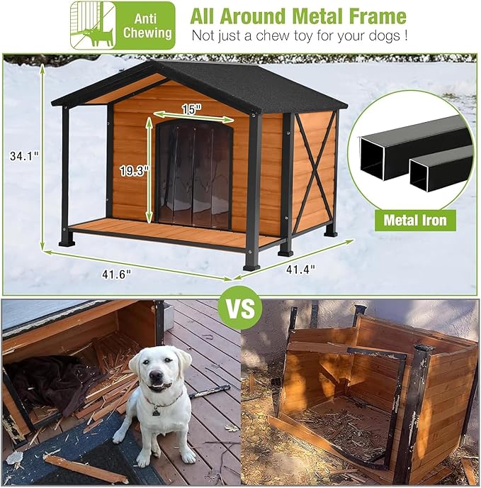 GUTINNEEN 41.6" Extra Large Heated Outdoor Dog House for Large Dogs Insulated, Thermostat-Controlled Heating with Full 6-Sided Insulation, Metal Frame, Spacious, Cozy, and Safe Winter Shelter (Brown)