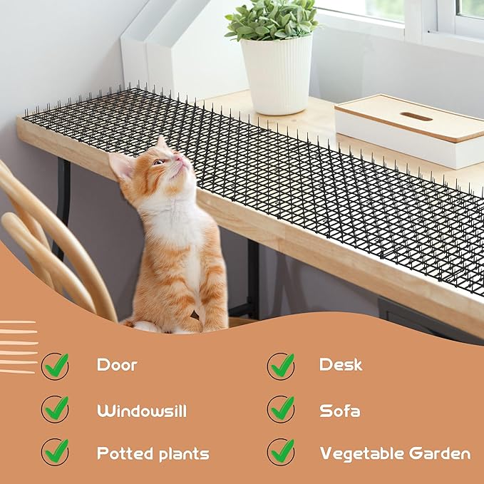 Hmyomina 16.4FT Scat Mat for Cats with 8 Garden Staples, Cat Scat Mat with Spikes Outdoor Plant & Furniture Protector(2PCS, 8.2FT Each)