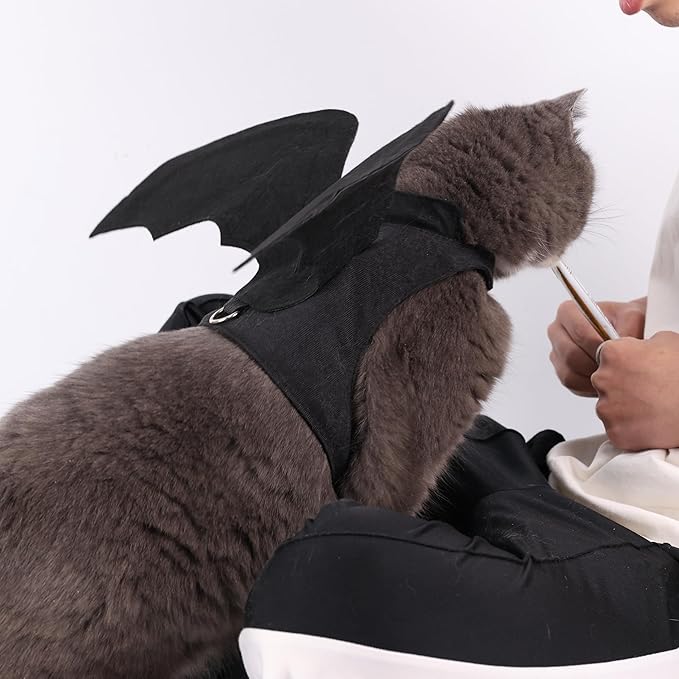 Batwing Cat Costume with Leash Hook - Soft Felt Kitten Costume, Adjustable Cat Puppy Clothes for Cosplay Party Walks (L)