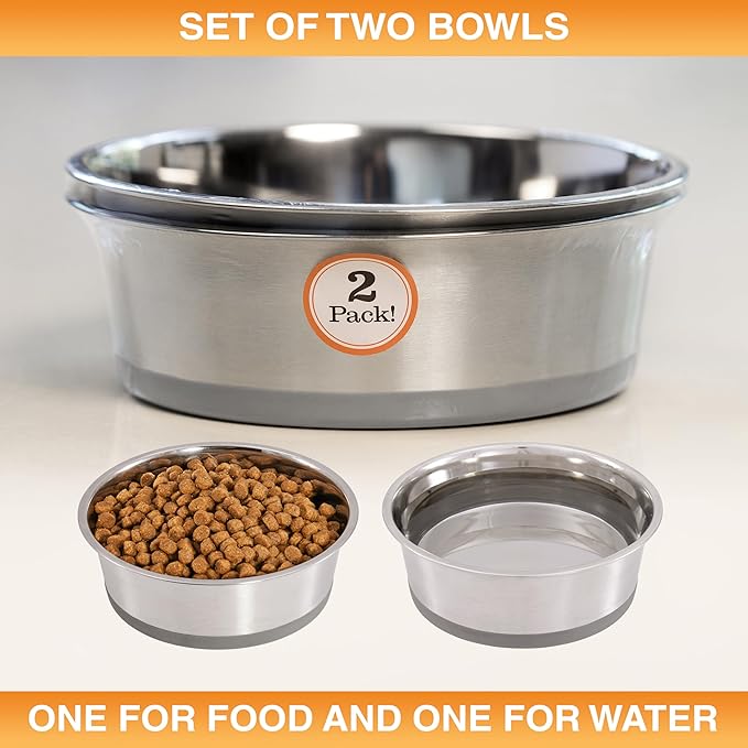 Neater Pet Brands Stainless Steel Dog Bowls with Non-Slip Rubber Bottom – 2 Cup (16 oz), Gray - Set of 2 Heavy Duty Metal Dog Bowls, Dishwasher Safe, Food or Water Bowl, Ideal for Small Dogs & Cats