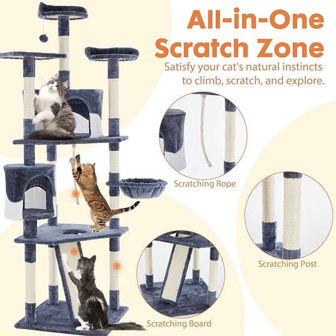 DUMOS Tall 79in Cat Tree Tower, Large Multi Level Cats Climbing Tower with Condo, Natural Sisal Scratching Posts, Extended Platform, Basket, Pet Tree House for Indoor Cats Play, Dark Grey
