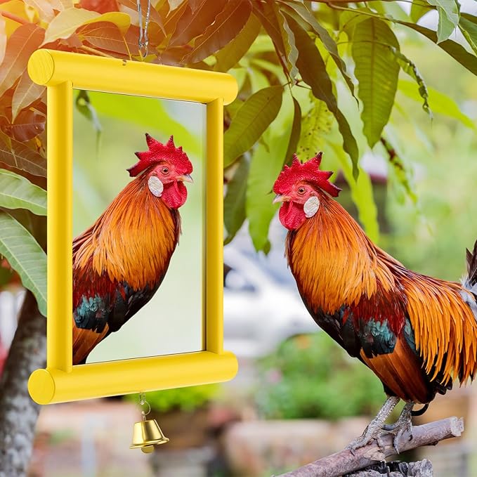 Sadnyy 1 Pcs Chicken Mirror Toys Extra Large 10.6 x 10 Inch Big Hanging Swing Mirror with Bell Wooden Pecking Toy for Hens Birds Parrots Coop Roosters (Square,Yellow)