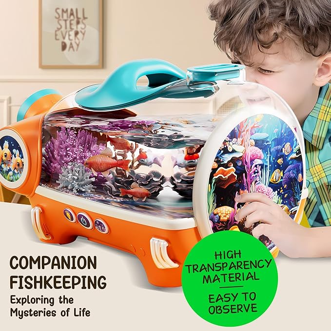Small Fish Tank, Portable Betta Fish Tank for Kids with LED Light, Air Pump,Battery,Small Aquarium KIT - Perfect for Home Decor and Pet Care,Educational Science Gifts for Kids