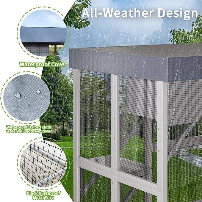 70.5" H Catio Outdoor Cat Enclosure,Cat House with Waterproof Roof and Large Enter Door,Wooden Shelter W/ 6 Jumping Platforms & 2 Napping Houses,Cats Cage for Walk in Kitten Kennel,Gray