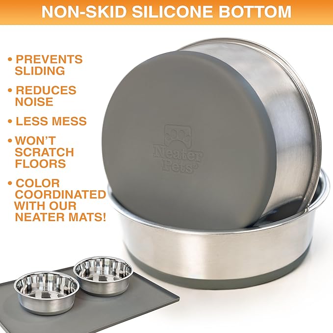 Neater Pet Brands Stainless Steel Dog Bowls with Non-Slip Rubber Bottom – 3 Cup (24 oz), Gray - Set of 2 Heavy Duty Metal Dog Bowls, Dishwasher Safe, Food or Water Bowl, Ideal for Small to Medium Dogs