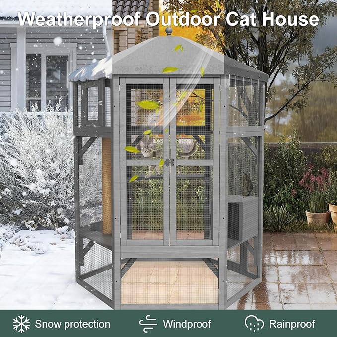 Catio Outdoor Cat Enclosure,Large Cat House Kitty Cage,Indoor Outdoor Cats Outside Patio for Cats with Window Access & Waterproof Roof, Multiple Platforms & Scratching Post, 65" Grey