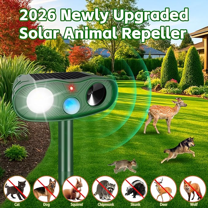 2026 Solar Sonic Racoon Fortress Pro Outdoor Cat Repellent, Ultrasonic Animal Repeller Squirrel Rabbit Deterrent with Motion Sensor&Flash Light to Scare Dog Skunk Out of Garden Yard Farm(4Pack)