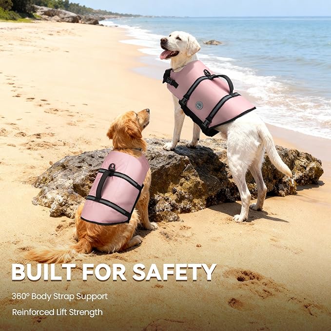 VIVAGLORY Rip Stop Dog Life Vest, Swimming Vest with Handle, Buoyancy for Doggy Puppy, Dog Life Jacket for Swimming & Boating, XL, Sakura Pink