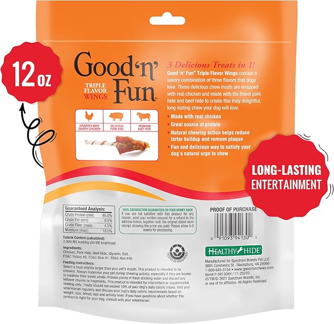 Good 'N' Fun Triple Flavor Wings, Made with Real Meat, Treats for All Dog Sizes