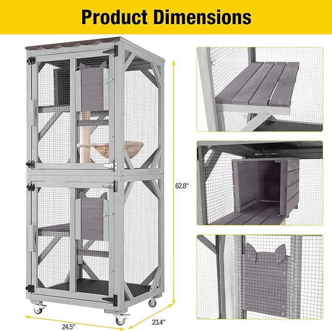 Aivituvin Catio Outdoor Cat Enclosure Wooden Cat Cage with Window Access Large Kitty House on Wheels 62.4’’ Indoor Patio