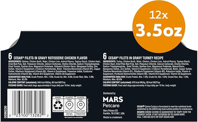 Cesar Filets in Gravy Adult Wet Dog Food Variety Pack, Poultry Lovers with Rotisserie Chicken Flavor and Turkey Recipe, 3.5 oz. Easy Peel Dog Food Tray, 12 Count (Pack of 2)