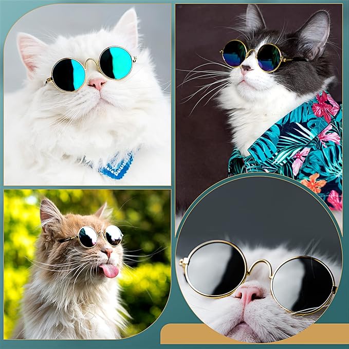 Dog Sunglasses Retro Pet Glasses Doll Glasses Classic Round Dog Glasses Metal Cat Puppy Eye Wear Hippie Costumes for Cats and Dogs, Photos Props Cosplay Party Costume (Gold, Black,Classic Style)