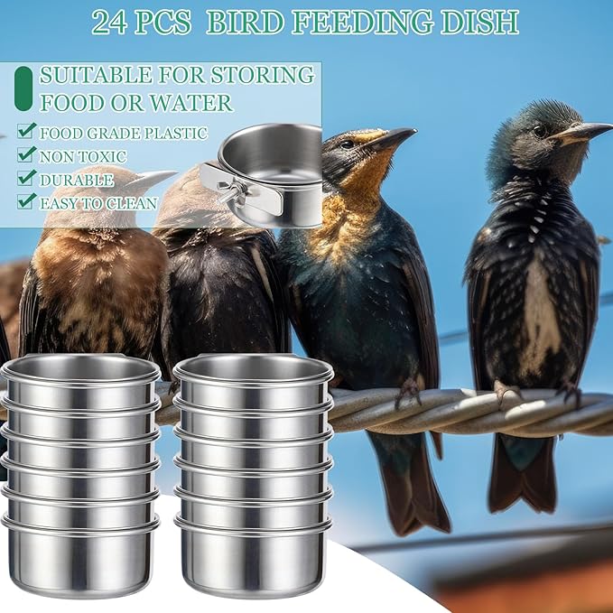 24 Pcs Stainless Steel Parrot Food Bowls Bulk 10 oz Bird Feeding Dish Cups for Cages Bird Bowls with Clamp Pet Water Feeders Cage Accessories for Parakeet Parrot Budgie Rabbit Chicken