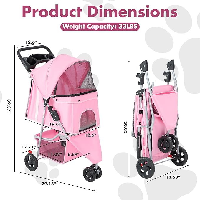 Sweetcrispy 3 Wheels Pet Stroller for Small Dogs and Cats – Foldable Dog Stroller with Mesh Windows, Storage Basket & Cup Holder, Lightweight & Durable Pet Carrier for Travel, Outdoor Use, Pink