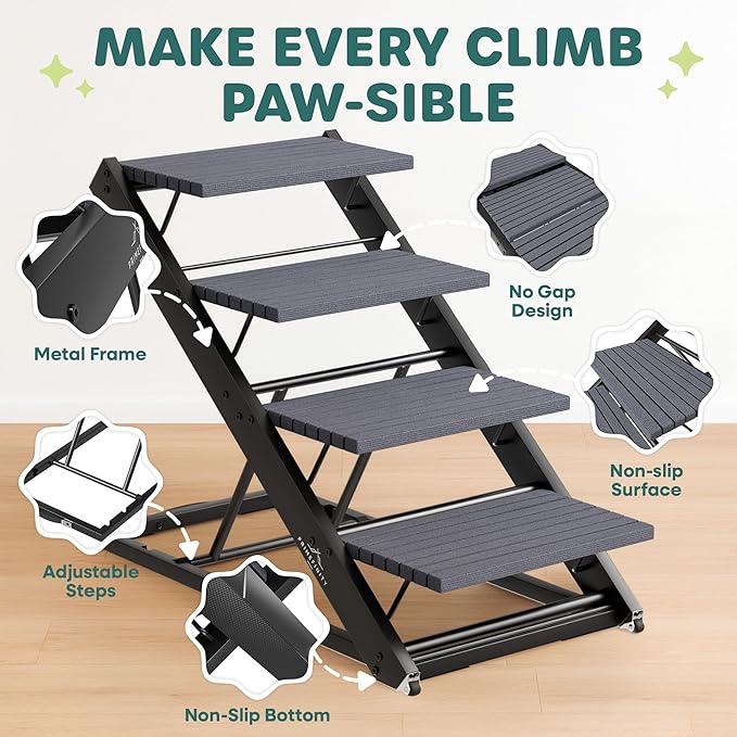 2-in-1 Metal Dog Ramp/Stairs, Dog Ramp for Bed, Couch and Car, Nonslip Carpet, Wheels, up to 250lbs, Outdoor Indoor, (40" Lx17 W) 19" to 25" Adjustable Height, for Small Medium Large Pets