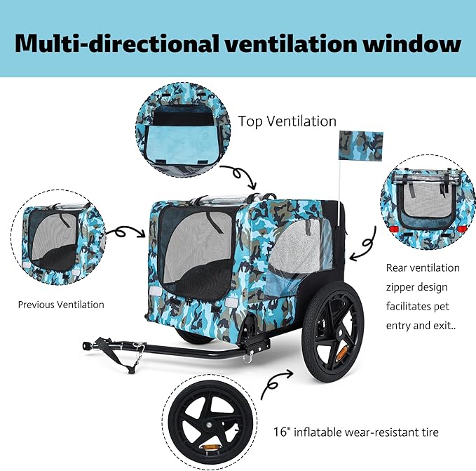 Collapsible Pet Bike Trailer, Portable Dog Bicycle Trailer with Enhanced Safety Design, Weatherproof & Ventilated Pet Carrier for Small to Medium Pets Up to 66 lbs (Blue)