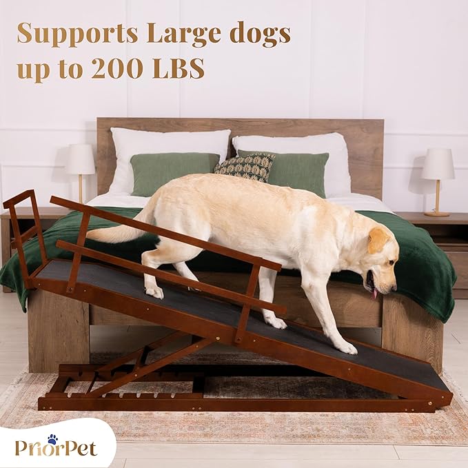 Dog Ramp for Bed with Safety Rails for High Beds up to 37" – Extra Wide 19.5" Adjustable Dog Bed Ramp for Large Dogs up to 200 lbs – Solid Birchwood, Non-Slip Rubber Surface, Foldable Design – Walnut