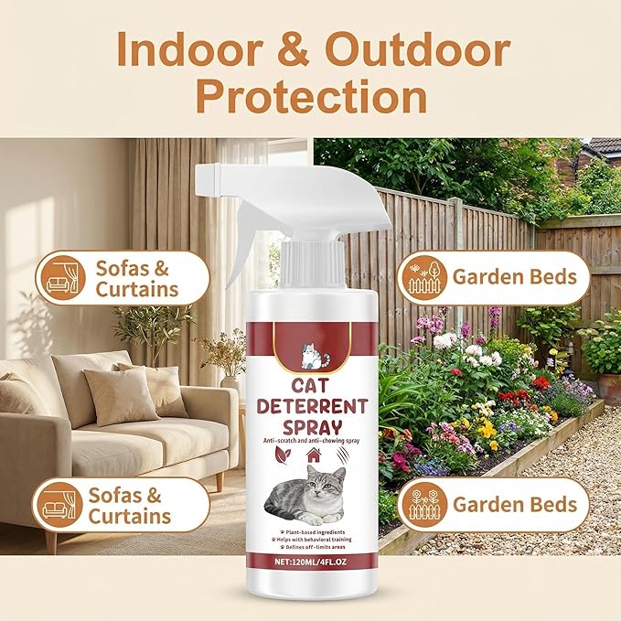 Cat Deterrent Spray, Indoor & Outdoor Pet Training Aid, Cat Scratch & Urine Marking Deterrent for Furniture Protection, Plant-Based Safe Formula for All Cat Ages (4 Fl Oz/120ml)