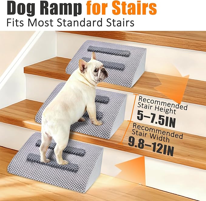 Dog Ramp for Stairs with Anti-Slip Bump for Small & Senior Dogs and Cats – Stair Wedges for Dogs with Gentle Slope, Pet Ramp with Washable Cover & Self-Sticky Pads for Safe Climbing (Gray, 2 Pack)
