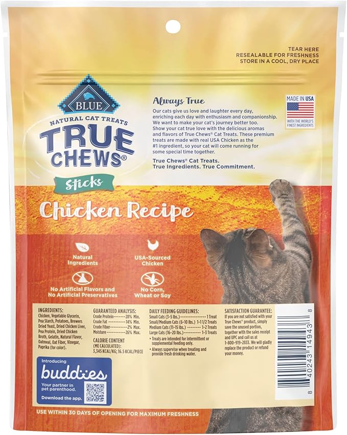 Blue Buffalo True Chews Sticks Natural Cat Treats, Chicken Recipe, Meaty & Savory Treats Made in The USA, 3-oz. Bag (Pack of 2)