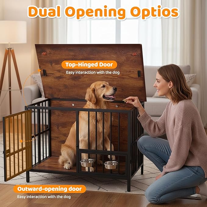 41.5" Dog Crate Furniture, Assembly-Free Dog Crates for Large and Medium Dogs, Foldable Dog Kennel Indoor with Adjustable Dog Bowls, Wooden Dog Cage Use as End Table, Pet House for Decorative Indoor