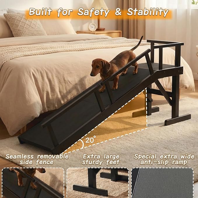 61" Dog Ramp for Bed,Birchwood Pet Ramp with Removable Side Rail and Non-Slip Surface, Pet Ramp for Small & Large Dogs with Rest Platform and DIY Glow Strips,Dog Stairs for Couch, Black