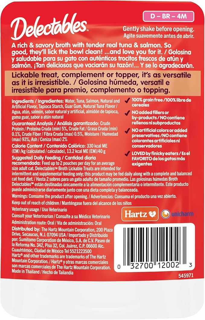 Hartz Delectables Savory Broths Tuna & Salmon Lickable Wet Cat Treats,(Pack of 24)