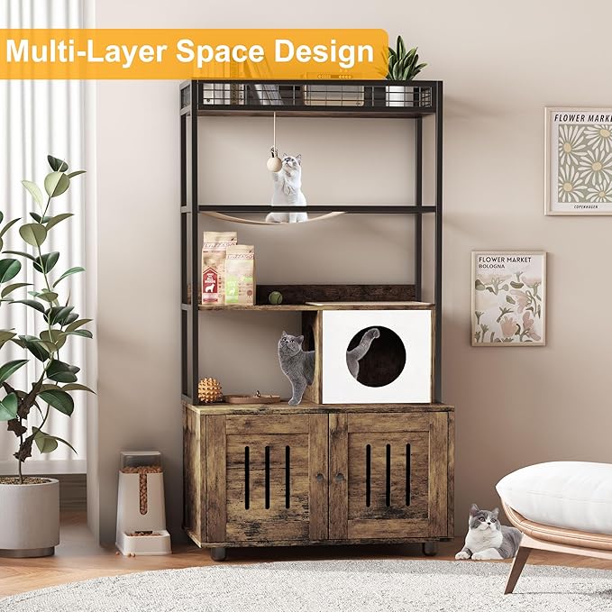 Cat Litter Box Enclosures with Storage Rack, Enclosed Litter Box Furniture, Hammock, Sisal Balls and Cat Scratching Mat