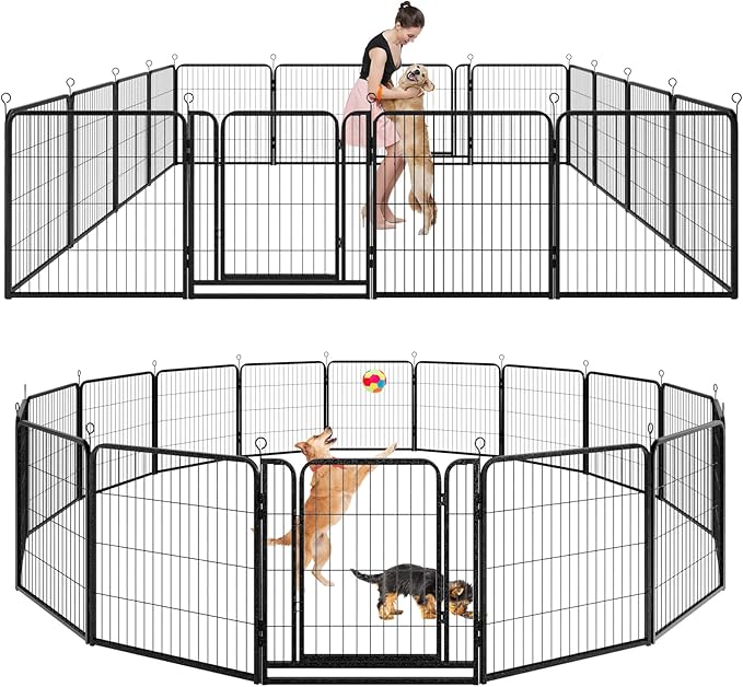 Dog Playpen Outdoor Extra Wide 16 Piece Panels Heavy Duty Dog Fence 32" Height Anti-Rust with Doors Portable for RV Camping Yard, Total 42FT, 140 Sq.ft, Snowy Black