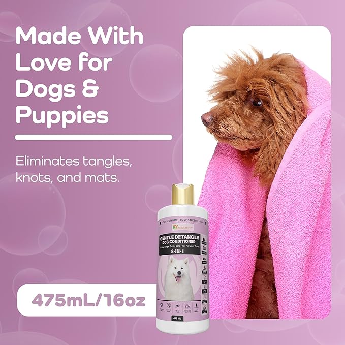 Gentle Detangle Dog Conditioner – 8-in-1 Leave-in Moisturizing Formula | Puppy Safe | Detangles & Softens Fur | 475 ml | for All Coat Types