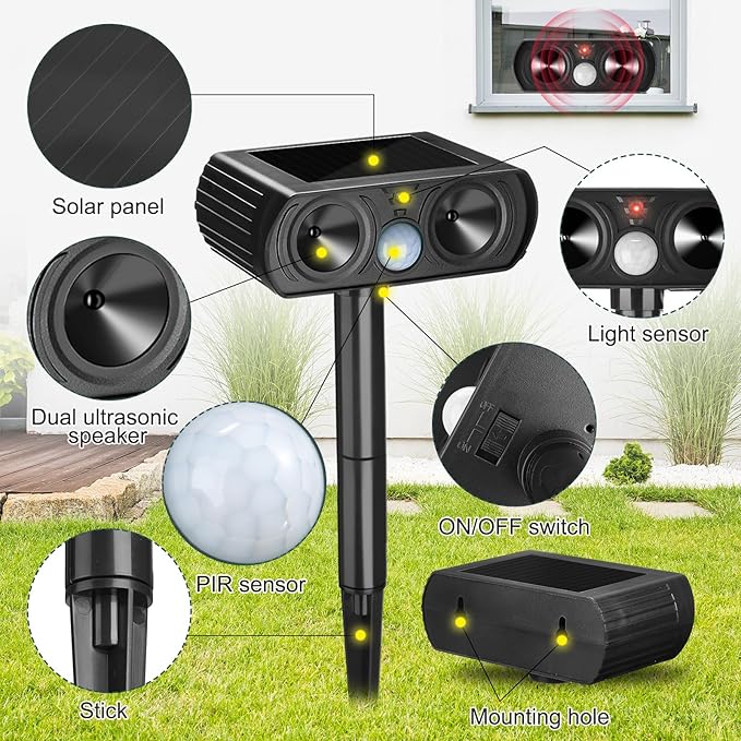 Qualirey 3 Pack 2025 Solar Ultrasonic Animal Repellent Outdoor Sonic Deer Repellent Devices Deterrent Away Cat Dog Raccoon Rabbit Pet with Motion Sensor Weatherproof General for Garden Yard Farm Lawn