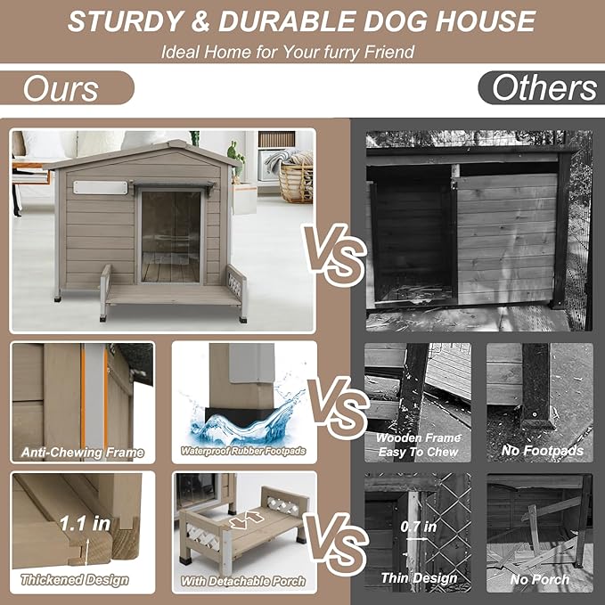 34" L Outdoor Dog House with Porch, Removable Floor, Raised Feet Anti-Chewing Iron Frame – Weatherproof Wooden Dog Kennel for Indoor/Outdoor Use, Ideal for Small to Medium Dogs
