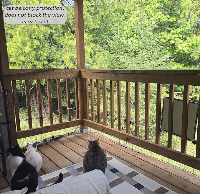 JUNFLYING Cat Netting Balcony 10x26 FT, Wire-Free Pet Protection Mesh for Fall Prevention, Heavy-Duty Catio Screen Barrier for Apartment, Window, Staircase, Terrace and Patio