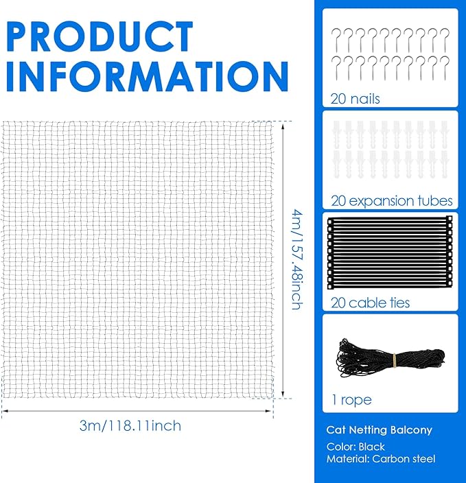 Cat Balcony Nets,10×13ft Carbon Steel Reinforced Anti-Fall Netting for Pets, Cat Safety Net Mesh Fence, Enduring Small Catio for Apartment Balcony Protection