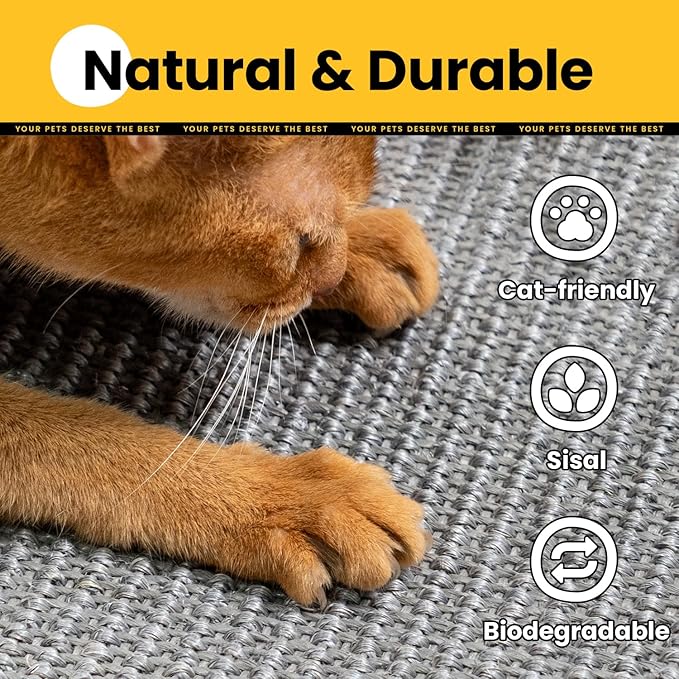 Cat Scratcher Mat,Natural Sisal Cat Scratch Pad with Hook&Loop Tape,Horizontal Floor Kitty Scratching Pads Rug for Indoor, Furniture Protector for Couch&Carpets&Sofas, Large, Grey, 2 Pack