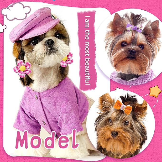 Mruq Small Dog Hair Bows with Rubber Bands, Mix Handmade Cute Puppy Gooming Flower Ball Bows for Holiday Daily Accessories (A339)