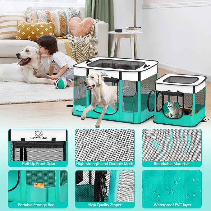 Portable Cat Pet Playpen, Foldable Cat & Small Dog Indoor/Outdoor Tent with Waterproof Base, Lockable Zippers, 600D Oxford 12-Rods 32"x24"x22" for Kitten Puppy