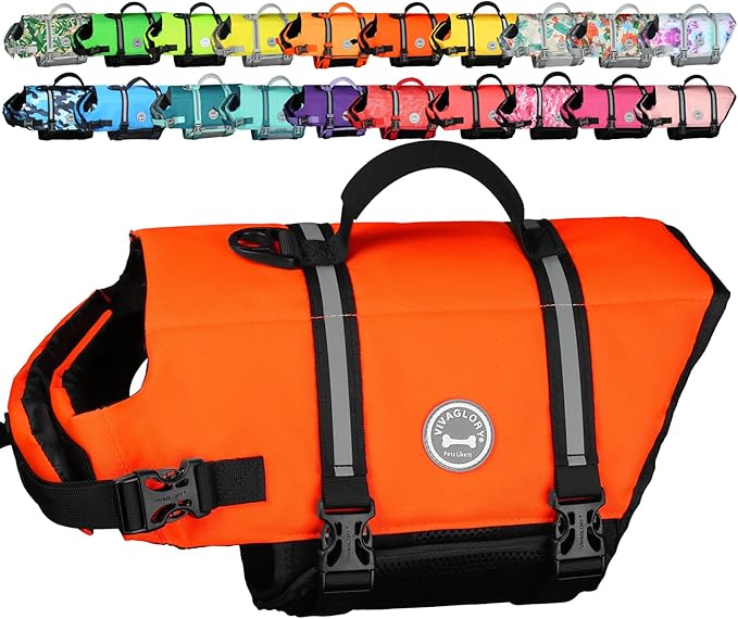 VIVAGLORY Rip Stop Dog Life Vest, Swimming Vest with Handle, Buoyancy for Doggy Puppy, Dog Life Jacket for Swimming & Boating, XL, Bright Orange