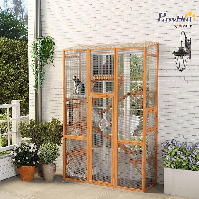 PawHut Outdoor Catio Cat Enclosure, Large Wooden Cat House with 6 Jumping Platforms, Scratching Post, 2 Ramps, Waterproof Roof, Cat Cage Window Access for 2-3 Kittens, 99" H, Orange