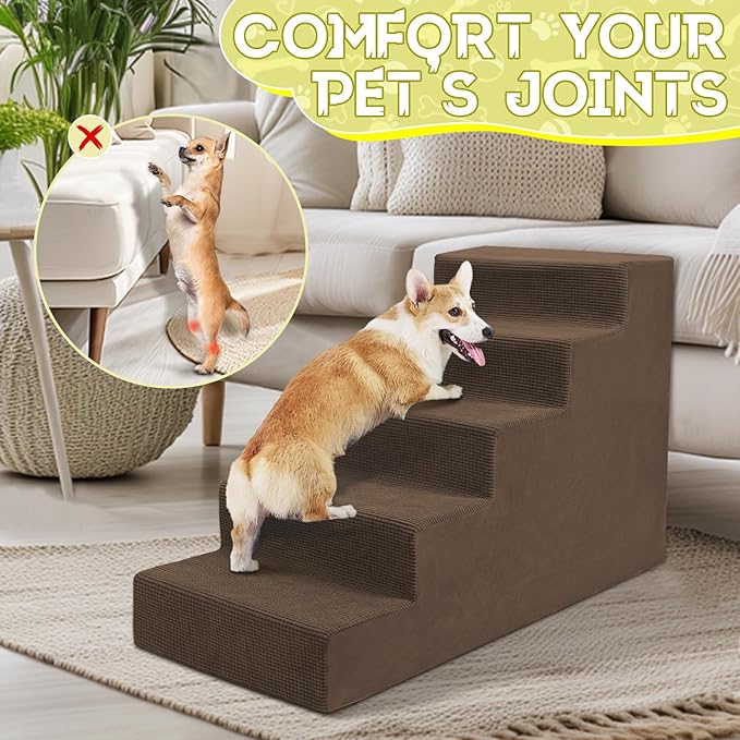 Niubya Dog Stairs for Small Dog and Cats,23”H Non-Slip Bottom Pet Steps for High Beds and Couch,High-Density Foam Pet Stairs Brown,5 Steps