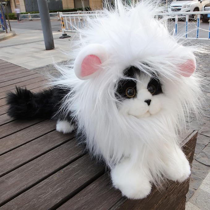 Lion Mane Wig for Cat,Dog and Cat Costume,Funny Pet Cat Costumes for Halloween Christmas, Parties, Photo Shoots (Size M, White with Pink)