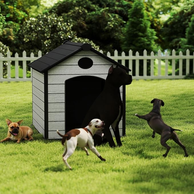 EHHLY 57" Extra Large Dog House Outdoor Weatherproof, 5XL Big Dog House for Large Dog Outside, Insulated Igloo Pet House with Elevated Floor, Extra Durable Resin Plastic, 57Lx47Wx50H, Cemented Grey