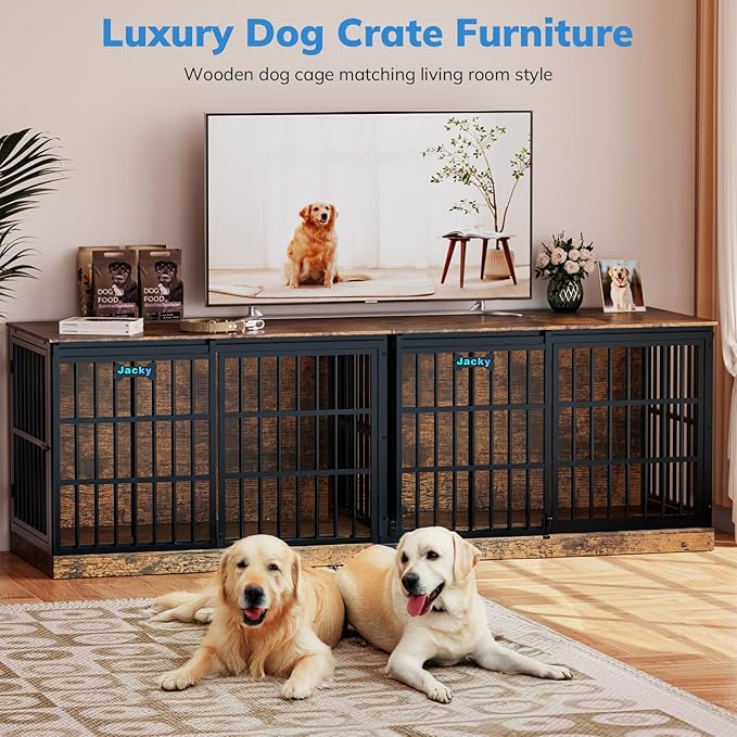 Petrova 47" Dog Crate Furniture for 1 Dogs, Heavy Duty Indoor Dog Kennel for Medium/Large Dogs, Wooden Dog Cage with Sliding Barn Door, Name Tag, Brown
