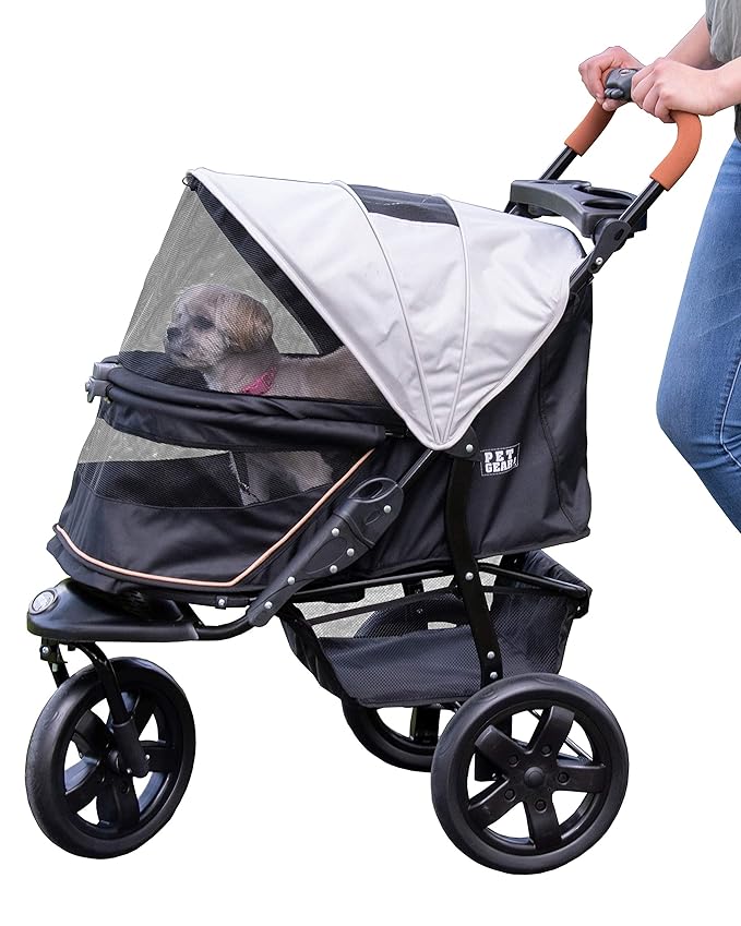 Pet Gear No-Zip AT3 Pet Stroller for Cats/Dogs, Zipperless Entry, Easy One-Hand Fold, Jogging Tires, Removable Liner, Cup Holder + Storage Basket, Summit Grey