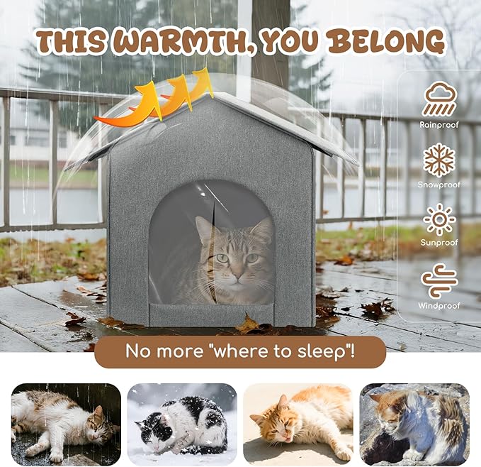 Outdoor Cat House Weatherproof, Insulated Cat Houses for Outdoor/Indoor Cats for Winter, Waterproof Feral Stray Cat Shelter with Door Curtain and Warm Cushion, Easy to Assemble, Grey