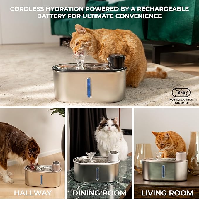 Wireless Cat Water Fountain Stainless Steel 108oz/3.2L, Cordless, Battery Operated Cat Fountain (Last up to 50 Days), Ultra Quiet, 2 Flow Modes, Multi-Filtration, BPA Free, Includes 2 Filters - White