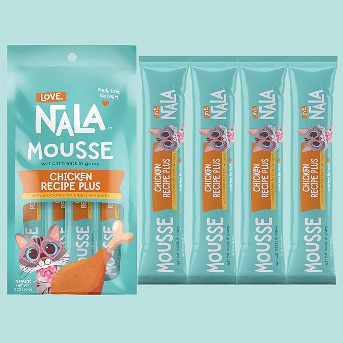 LOVE, NALA Digestive Health Chicken + Prebiotic Mousse Cat Treats – Lickable Squeeze-Up Puree, Topper or Treat – Grain-Free, 4 Pack – Human-Grade Protein, Non-GMO, No Artificial Additives