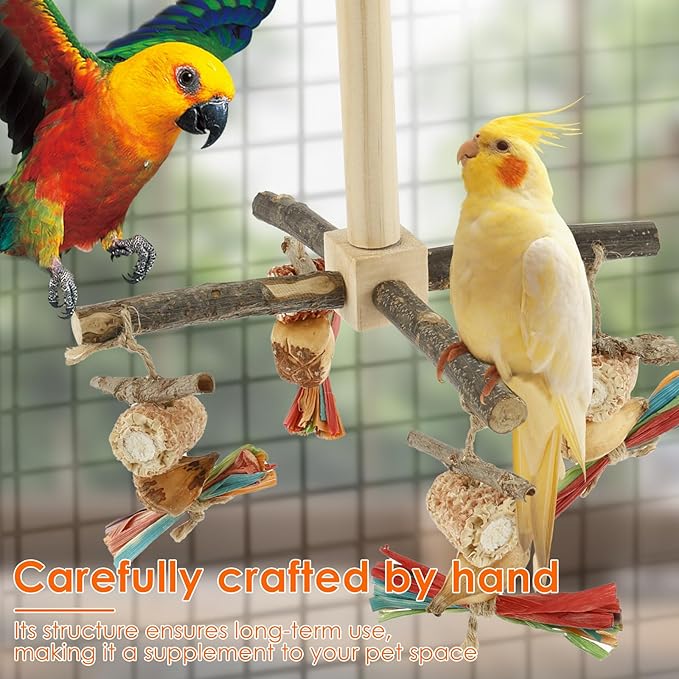 Agape Rotating Parrot Perch Toy with Chew Toy - Natural Wooden Perch Stand, 360° Rotatable Parrot Exercise Standing Perch, Bird Cage Accessories for Small and Medium Sized Birds (String Bite Style)