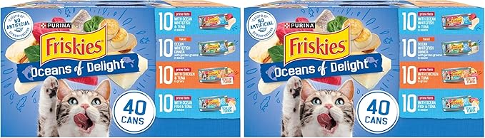 Friskies Purina Wet Cat Food Variety Pack, Oceans of Delight Flaked and Prime Filets - 5.5 oz. Cans (Pack of 80)