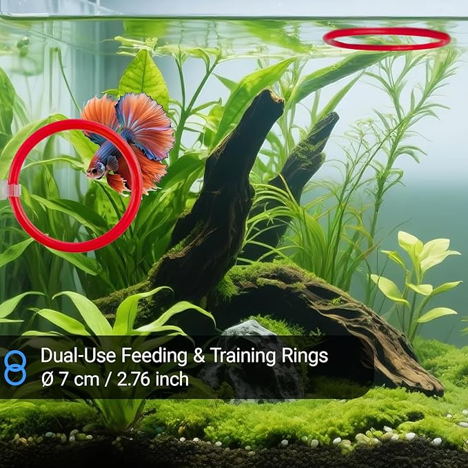 Betta Fish Toy Set: Betta Training Floating Mirror, Training/Feeding Ring, Spoon, and Resting Leaf. Promotes Exercise. Betta Toys, Resting & Feeding Kit(Red)